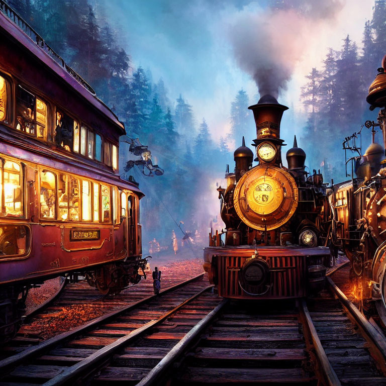 Vintage steam trains on parallel tracks in mystical forest with warm lighting