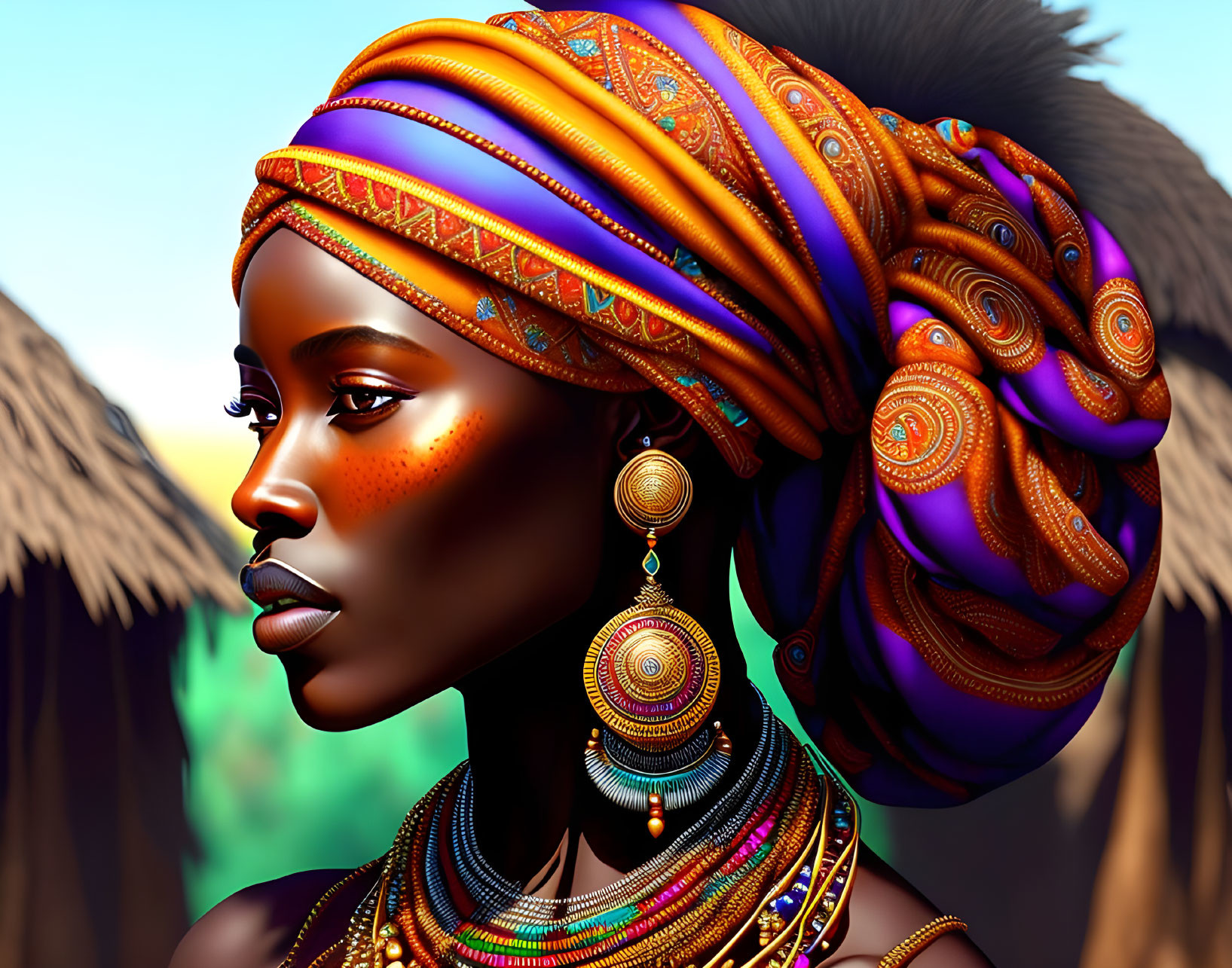 Woman with vibrant headscarf, jewelry, and facial markings in front of thatched huts