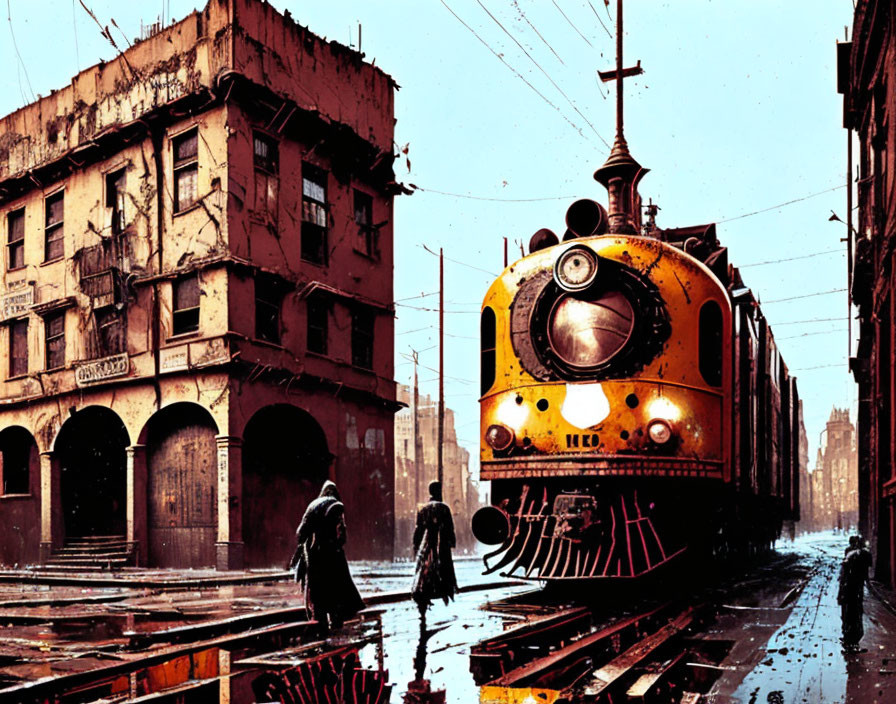 Yellow vintage tram in rainy city scene with pedestrians and old buildings.