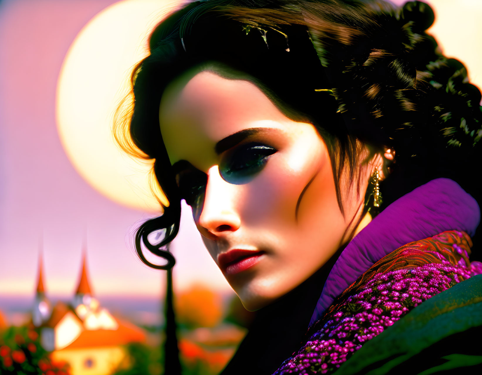 Digital portrait of woman with stylish makeup and hair in ornate clothing against sunlit backdrop.