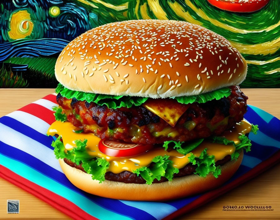 Cheeseburger with lettuce and tomato on striped napkin beside "Starry Night" painting