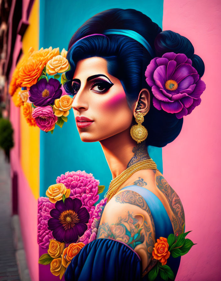 Colorful illustration: Woman with blue hair and tattoos among vibrant flowers on pink and blue backdrop