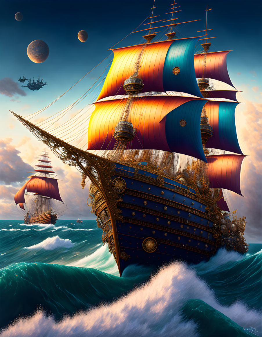 Colorful ornate ships with multiple sails on rough seas under a sky with multiple moons.