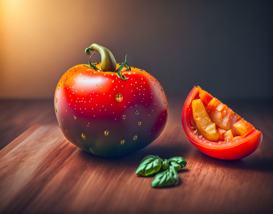 Fresh tomato with basil leaves on wooden surface in warm light