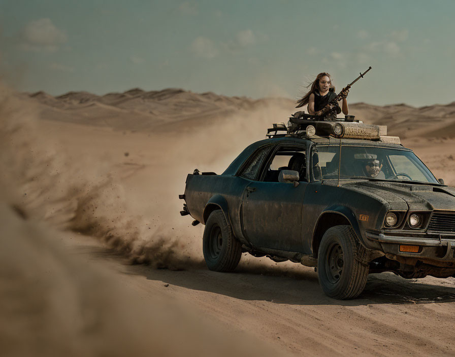 Person with weapon rides car in desert landscape