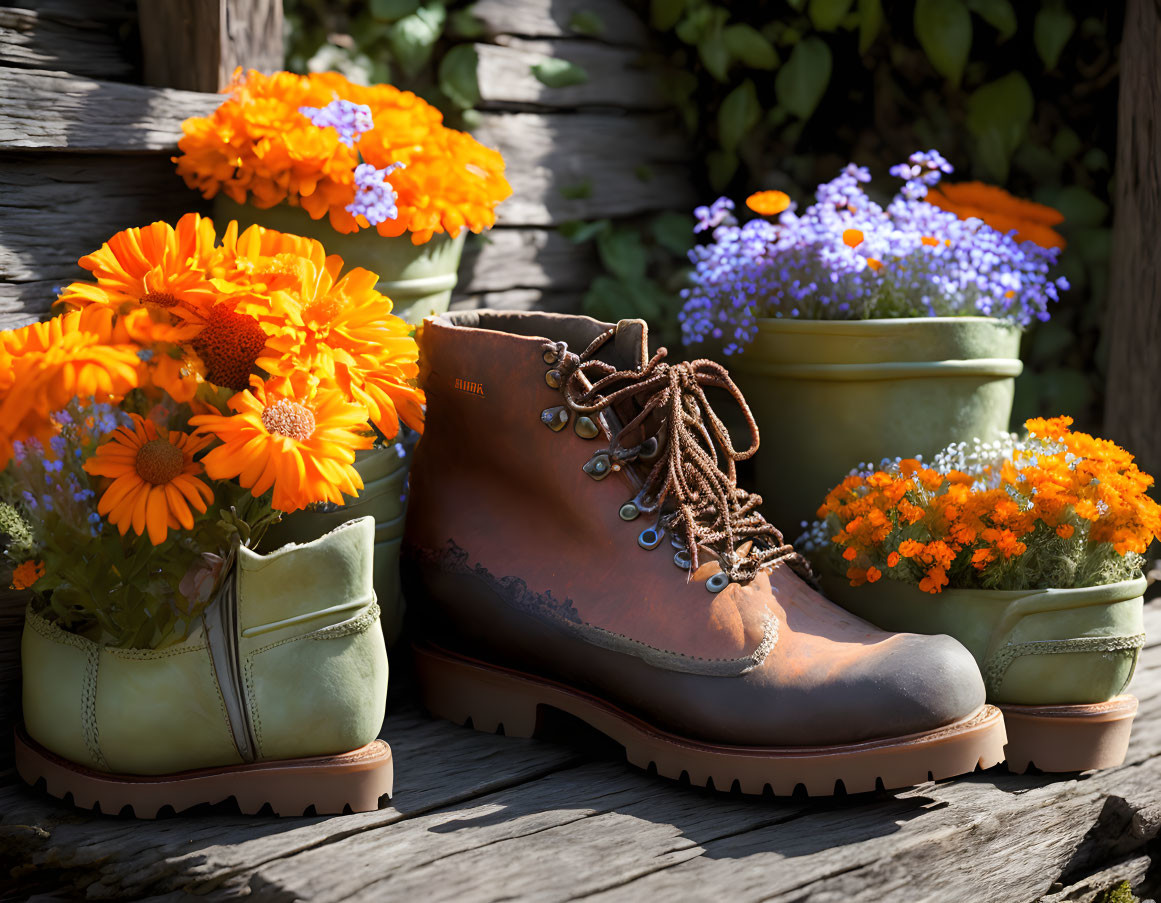 Leather boots surrounded by blooming flowers on wooden surface