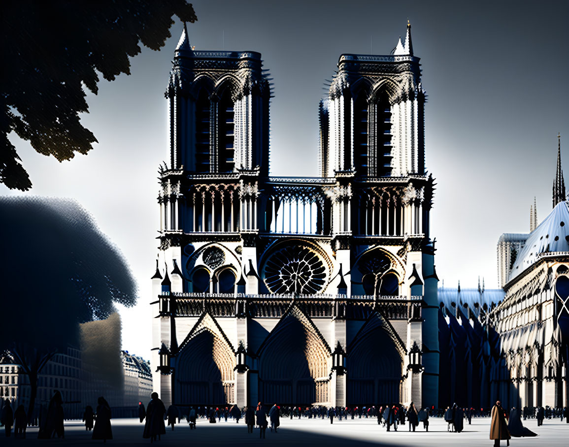 Gothic Cathedral with Twin Towers and Rose Window at Night