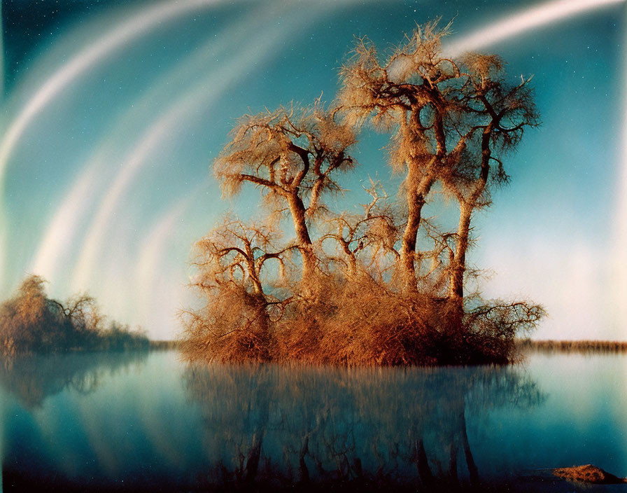 Tranquil lake, gnarled trees, twilight sky reflection