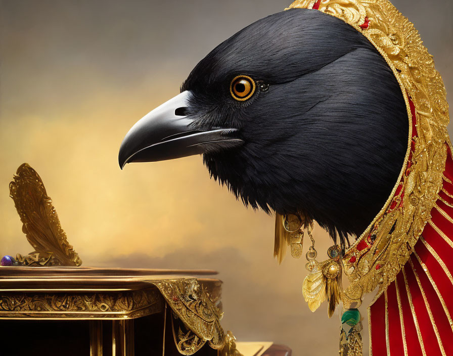 Raven head on human body in red and gold royal attire