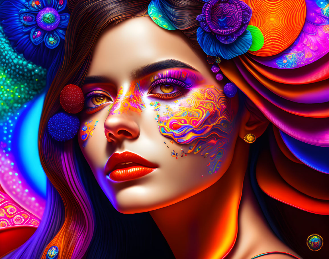 Colorful digital portrait of woman with psychedelic face paint and floral elements on multicolored background