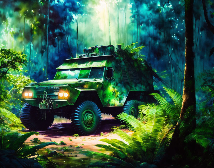 Armored military vehicle camouflaged in lush jungle with sunlight filtering.