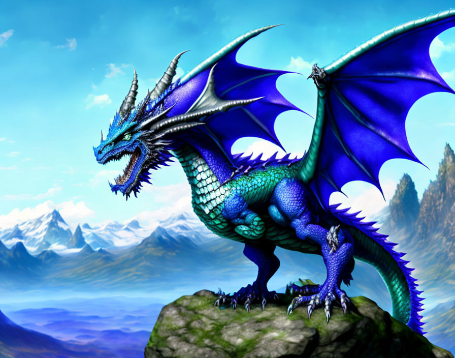 Blue dragon with sapphire scales perched on rocky cliff in mountainous landscape