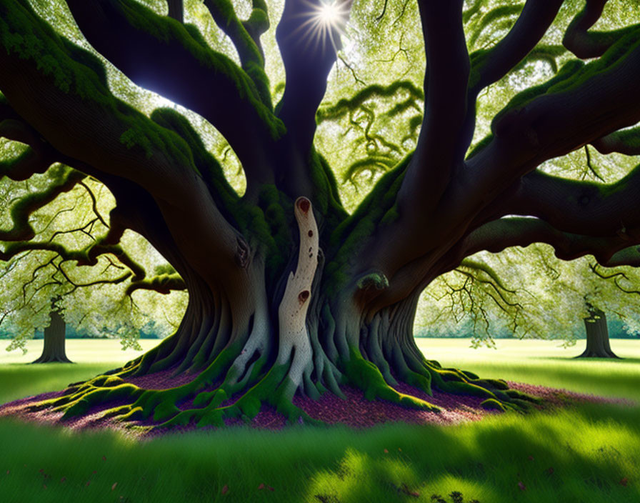 Majestic tree with knotted trunk and lush canopy in serene park