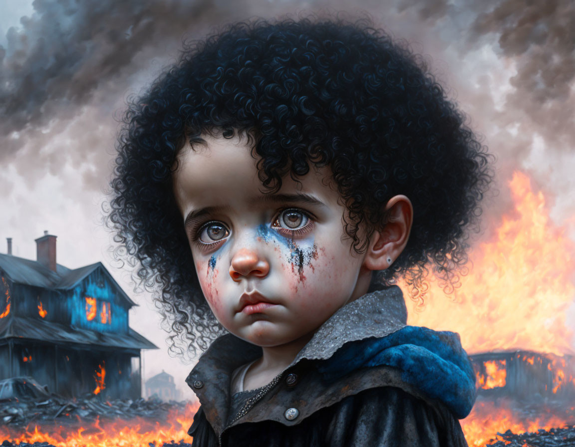 Tearful child with curly hair in front of burning house and smoky background