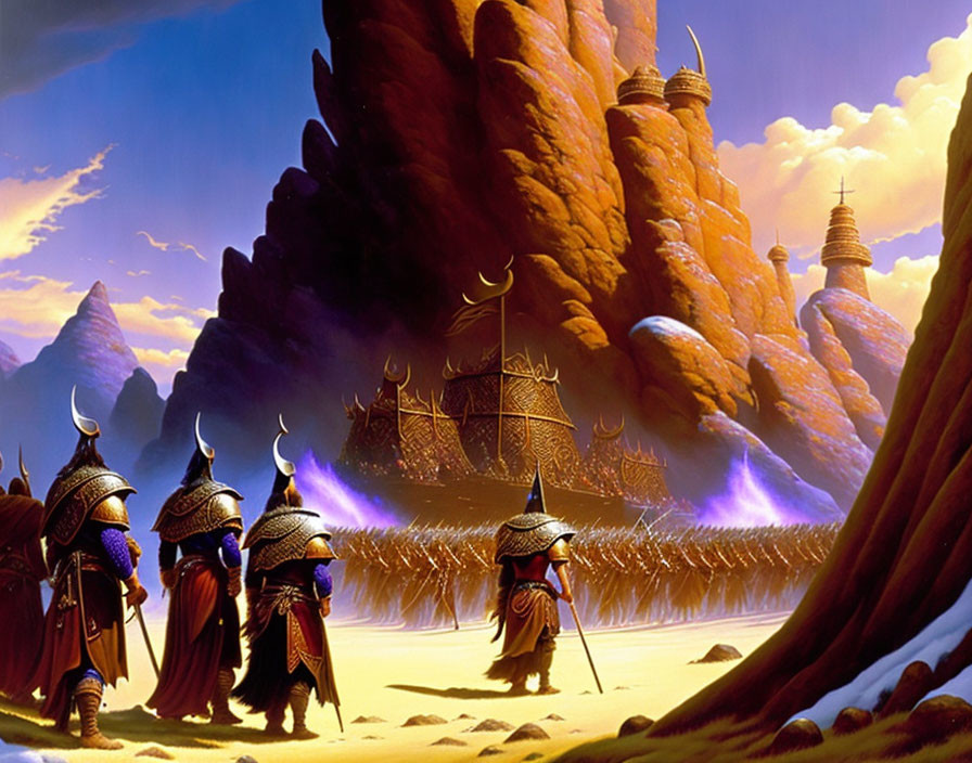 Armored figures in fantasy landscape near walled city under dramatic sunset.