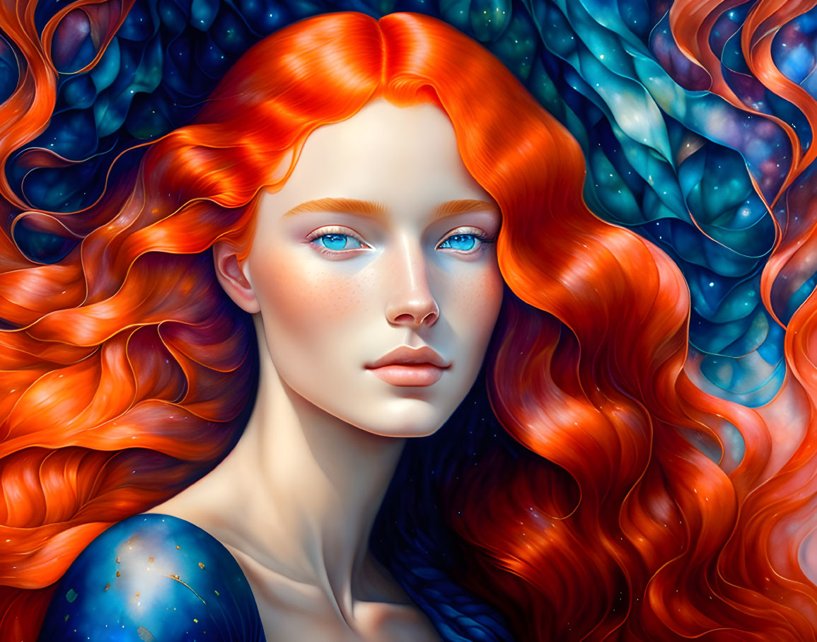 Vibrant red-haired woman with blue eyes on starry blue background