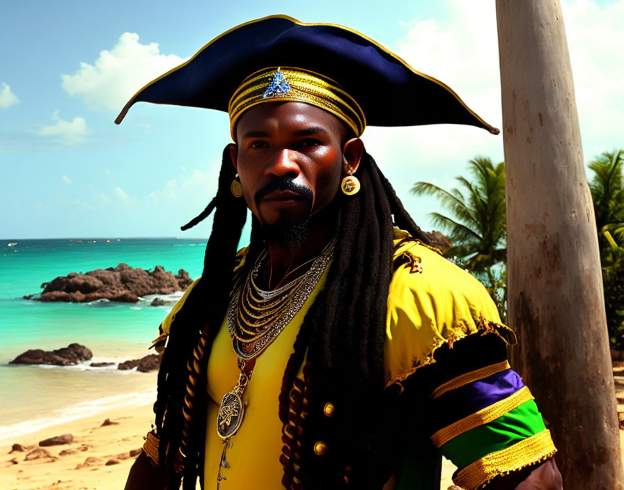 Pirate costume with tricorn hat on sunny beach