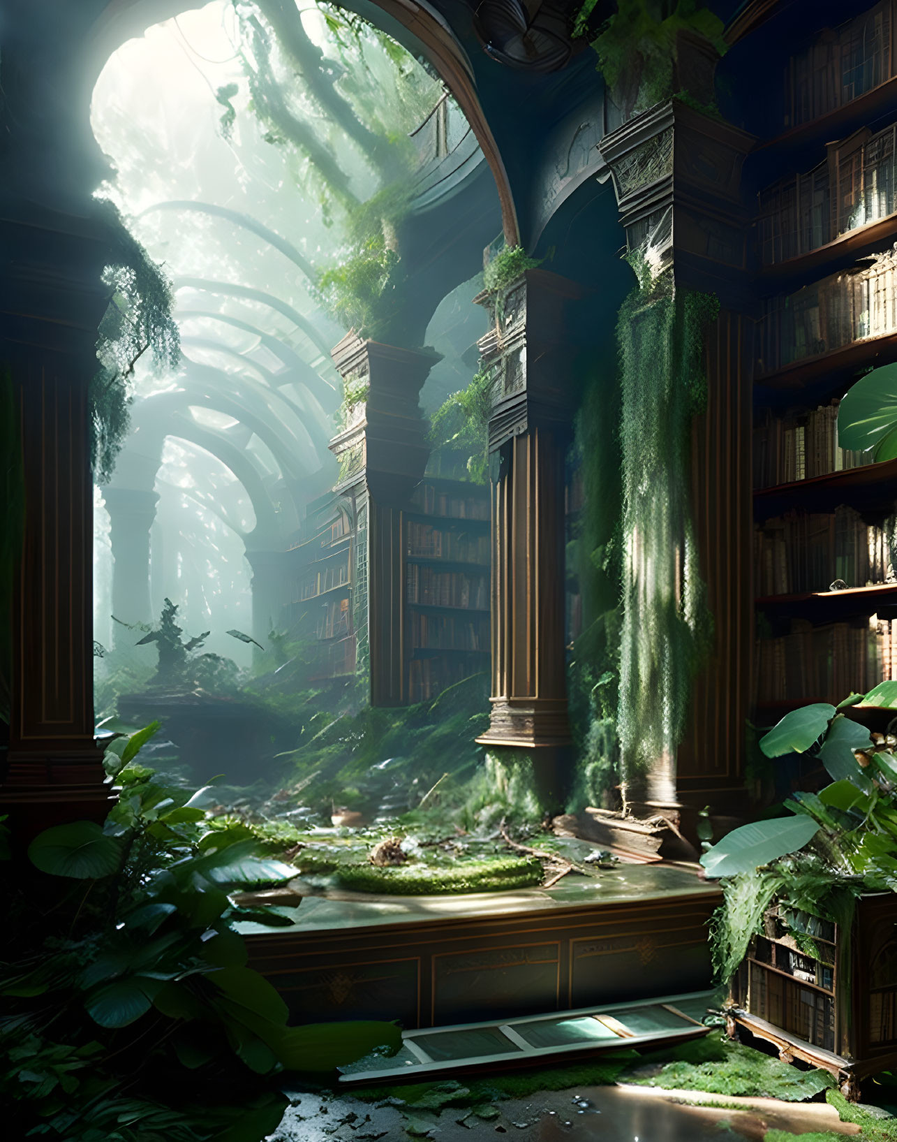 Overgrown library with sunbeams, lush greenery, towering shelves, and cascading vines