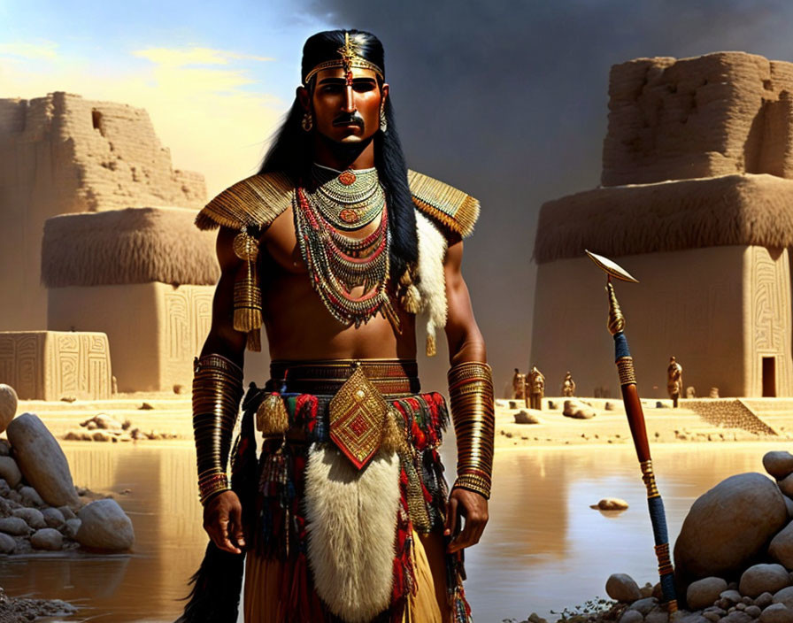 Ancient Egyptian warrior digital artwork with pyramids and desert landscape