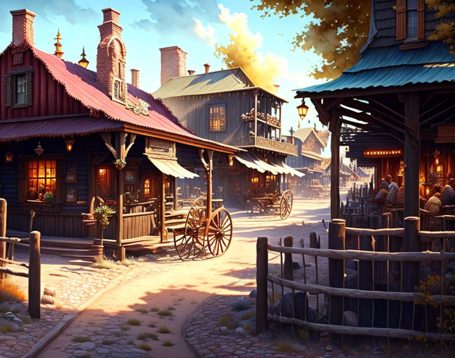 Historic street scene with wooden buildings, carriages, and period attire.