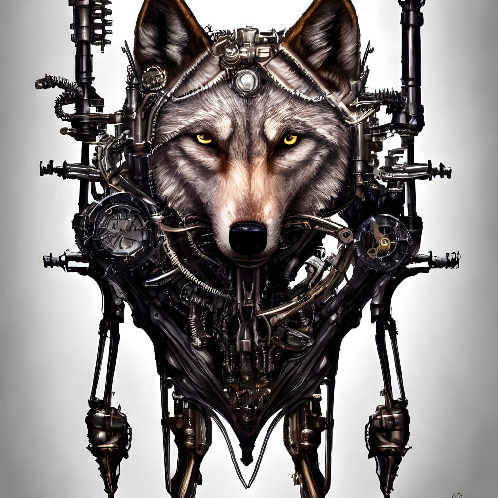 Detailed Steampunk Mechanical Wolf Illustration