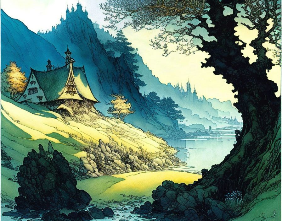 Traditional Japanese landscape with pagoda, lake, cliffs, and ancient tree