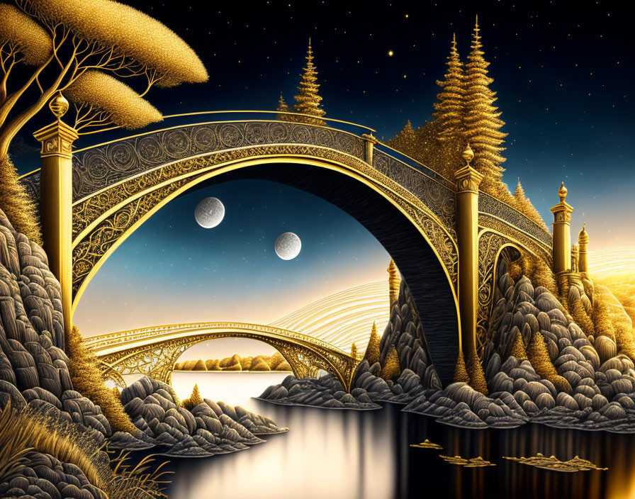 Golden bridge over reflective water under dual moons and starry sky.