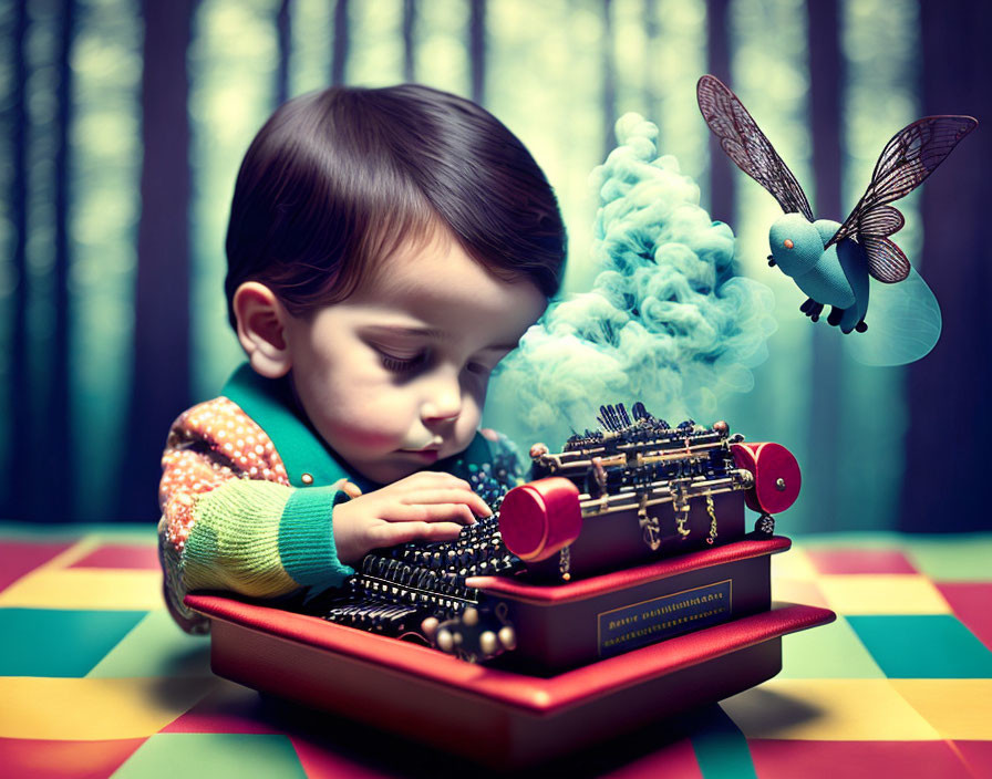 Child Typing on Antique Typewriter with Blue Cloud and Bird