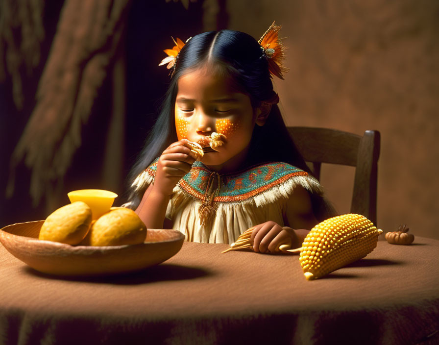 Child in traditional attire smelling corn with lemons and ear of corn on table