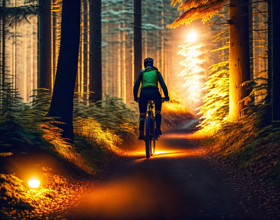 Cyclist on forest trail at sunset with long shadows