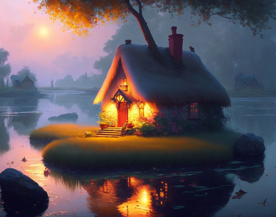 Thatched-roof cottage on serene island at dusk