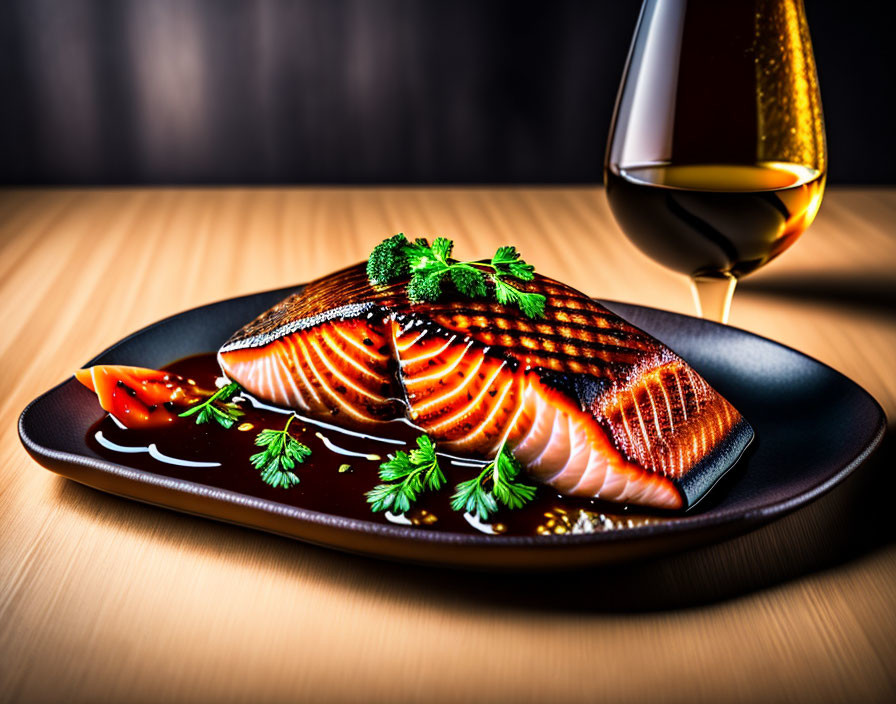 Fresh grilled salmon with herbs on black plate, tomato slices, and white wine.