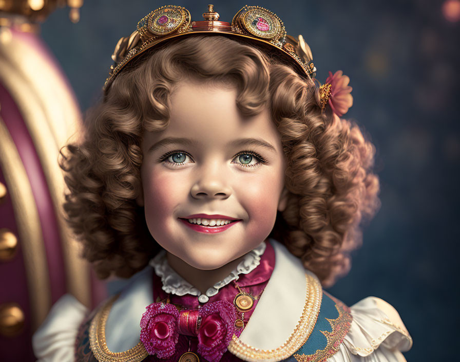 Smiling child in royal attire with crown on blurred background