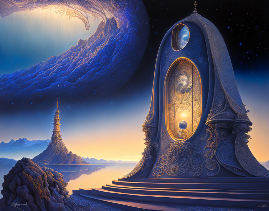 Surreal landscape featuring oversized ornate door, distant tower, and celestial bodies in twilight palette