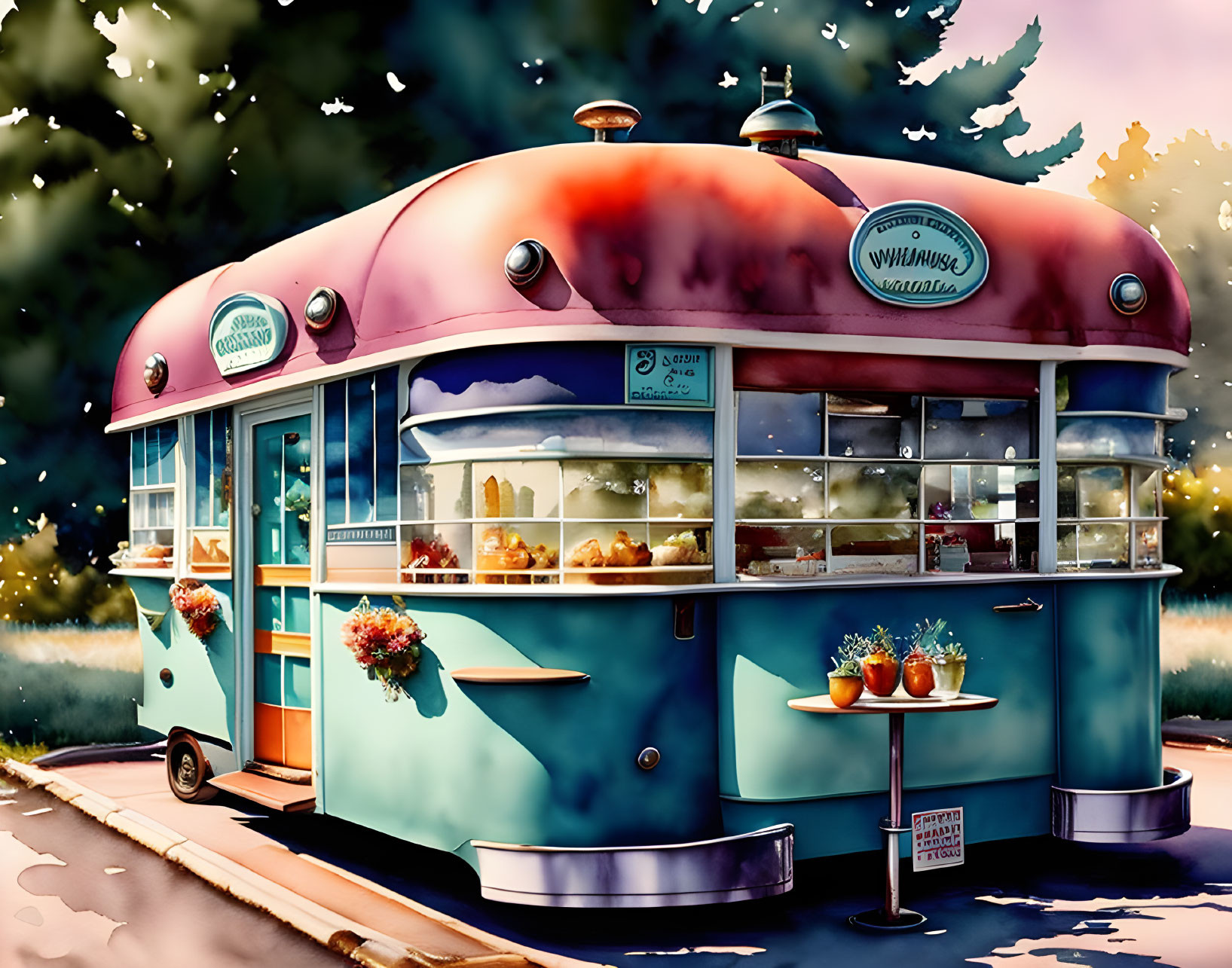 Whimsical vintage-style diner on wheels with flowers serving pastries