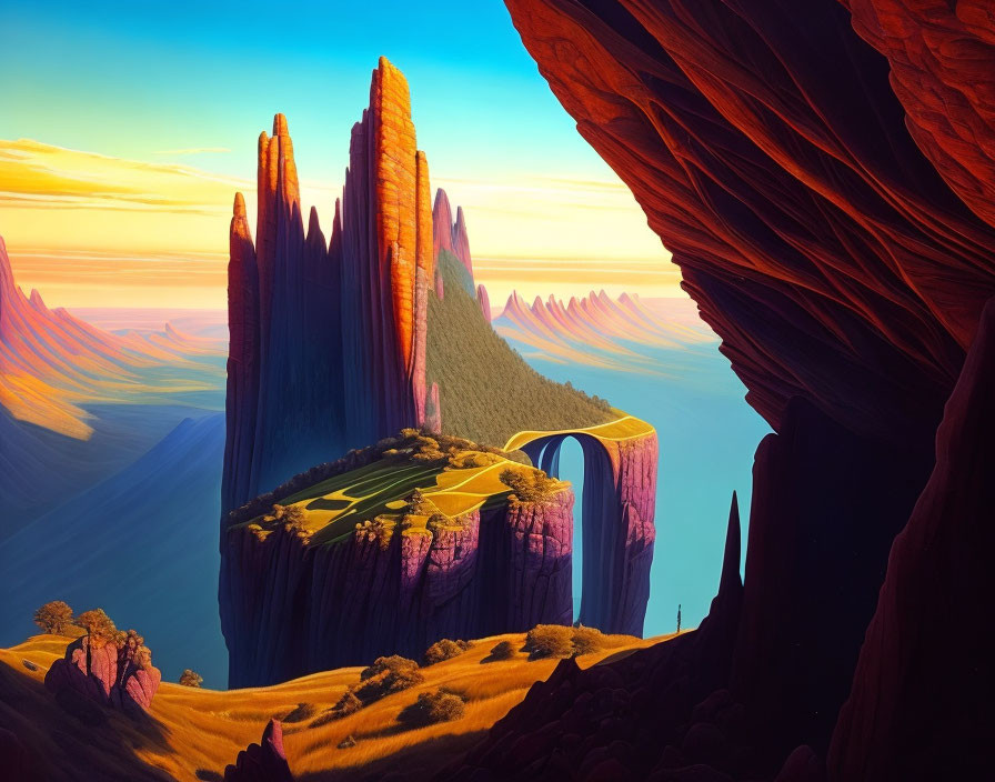 Colorful animated landscape with towering rock formations and looping road at sunset