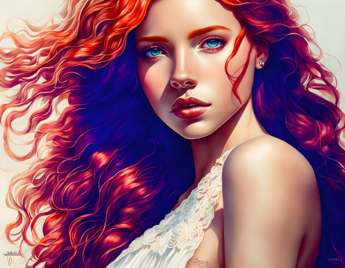 Digital Artwork: Woman with Red Curly Hair and Blue Eyes