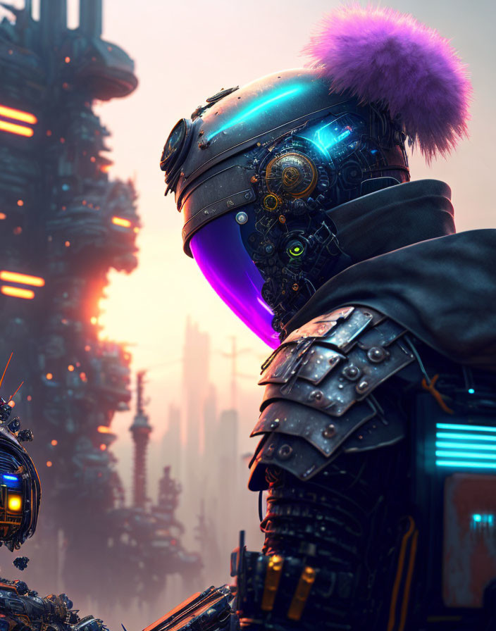 Futuristic robot with neon helmet and fur collar in cityscape.