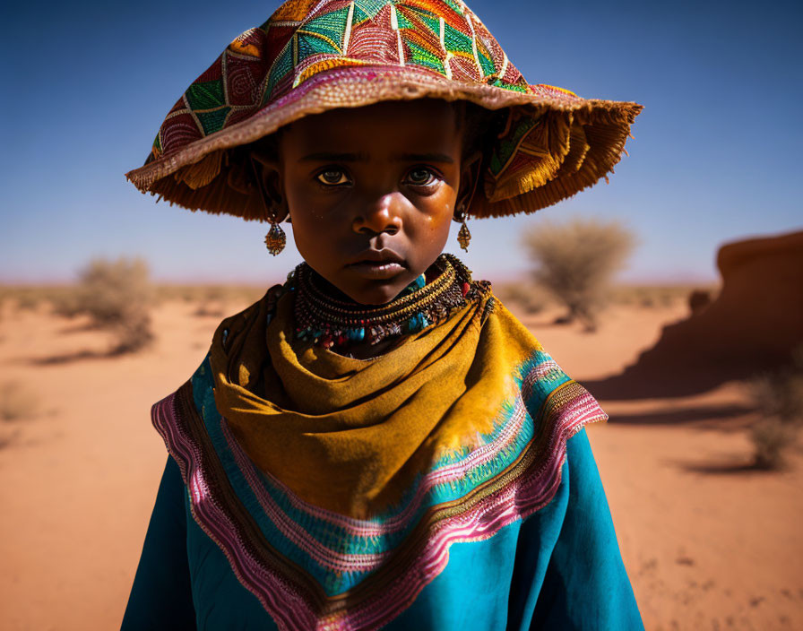 Child in traditional attire with piercing eyes in desert landscape