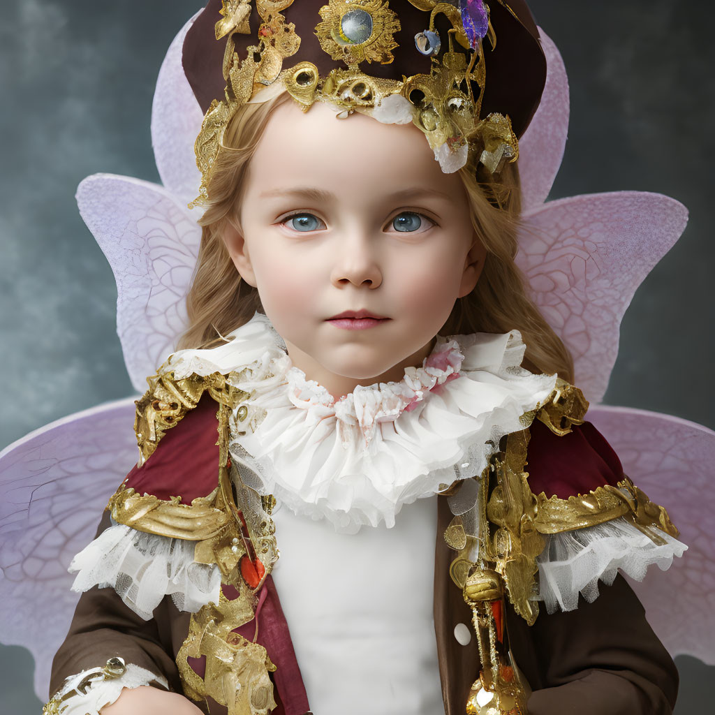 Child in regal costume with crown, ruffled collar, scepter, and fairy wings on grey