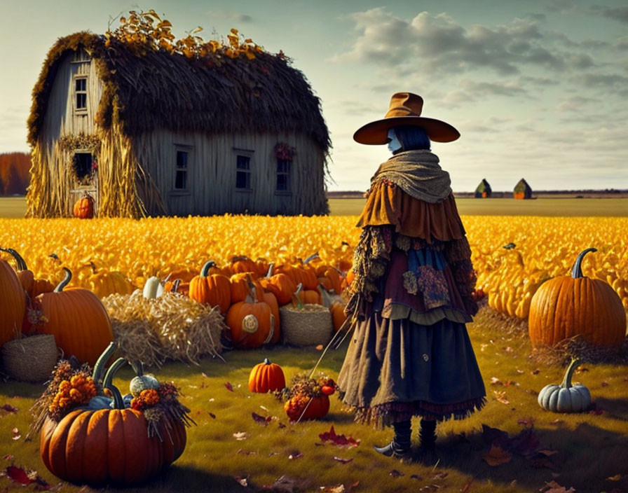 Person in hat and autumn attire in pumpkin patch near thatched-roof cottage