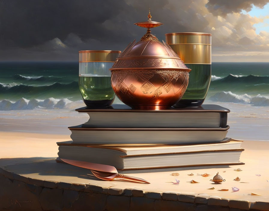 Copper pot, quill, books on stone ledge with stormy sea backdrop