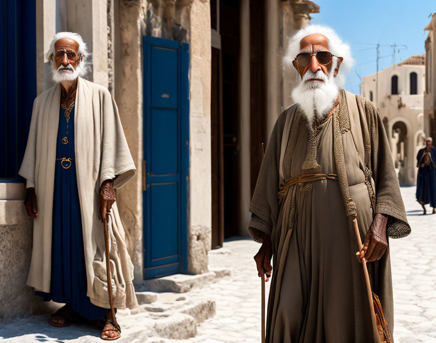 Elderly men in traditional robes on sunlit cobblestone street