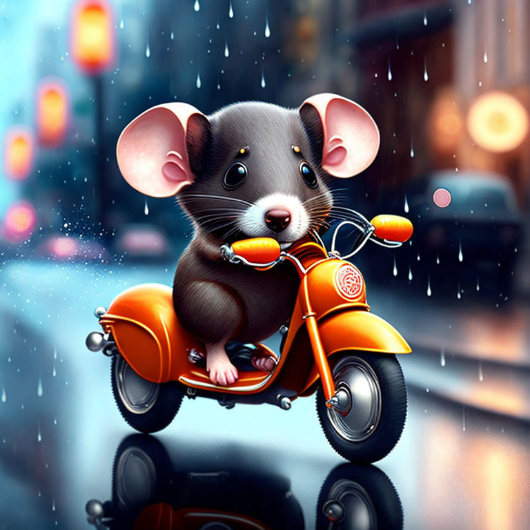 Animated mouse on orange scooter in rainy cityscape