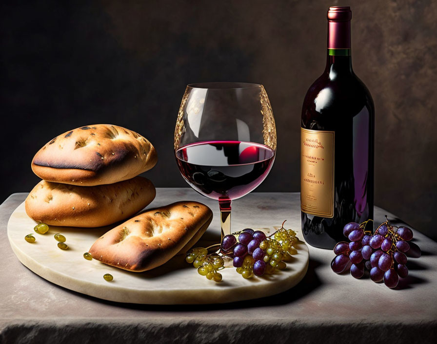 Still life with bread, wine, glass, and grapes arrangement.