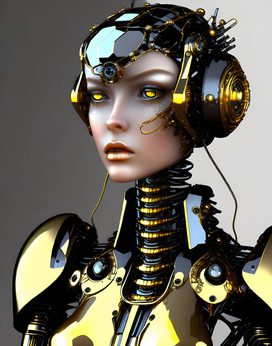 Detailed 3D Female Android Illustration with Golden & Black Mechanics