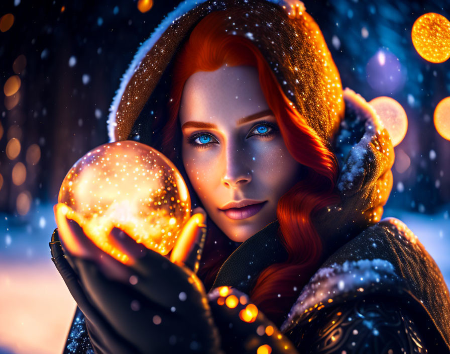 Red-haired woman holding glowing orb in snowy scene with blue eyes