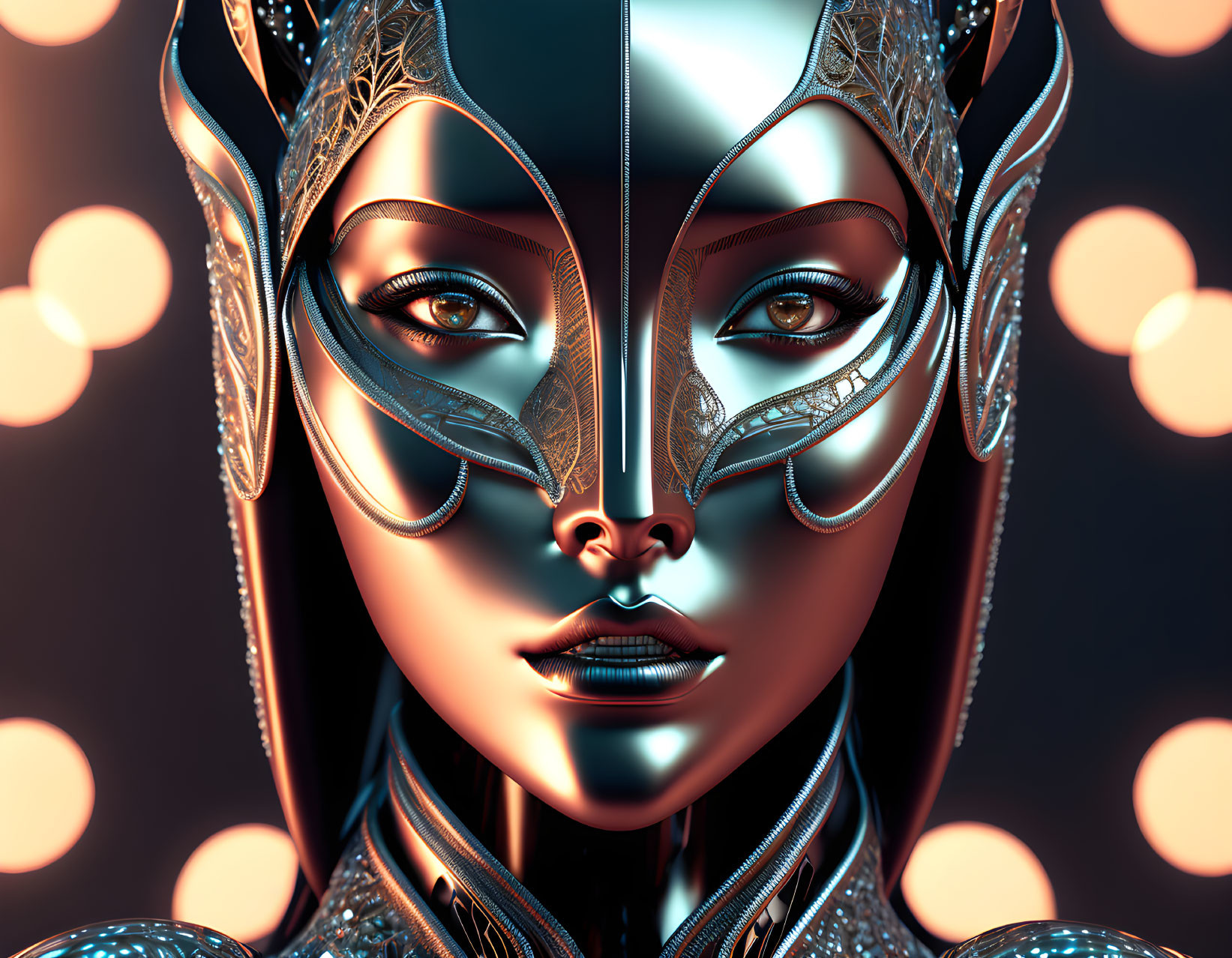 Detailed 3D Illustration: Female Figure with Metallic Skin and Ornate Headgear