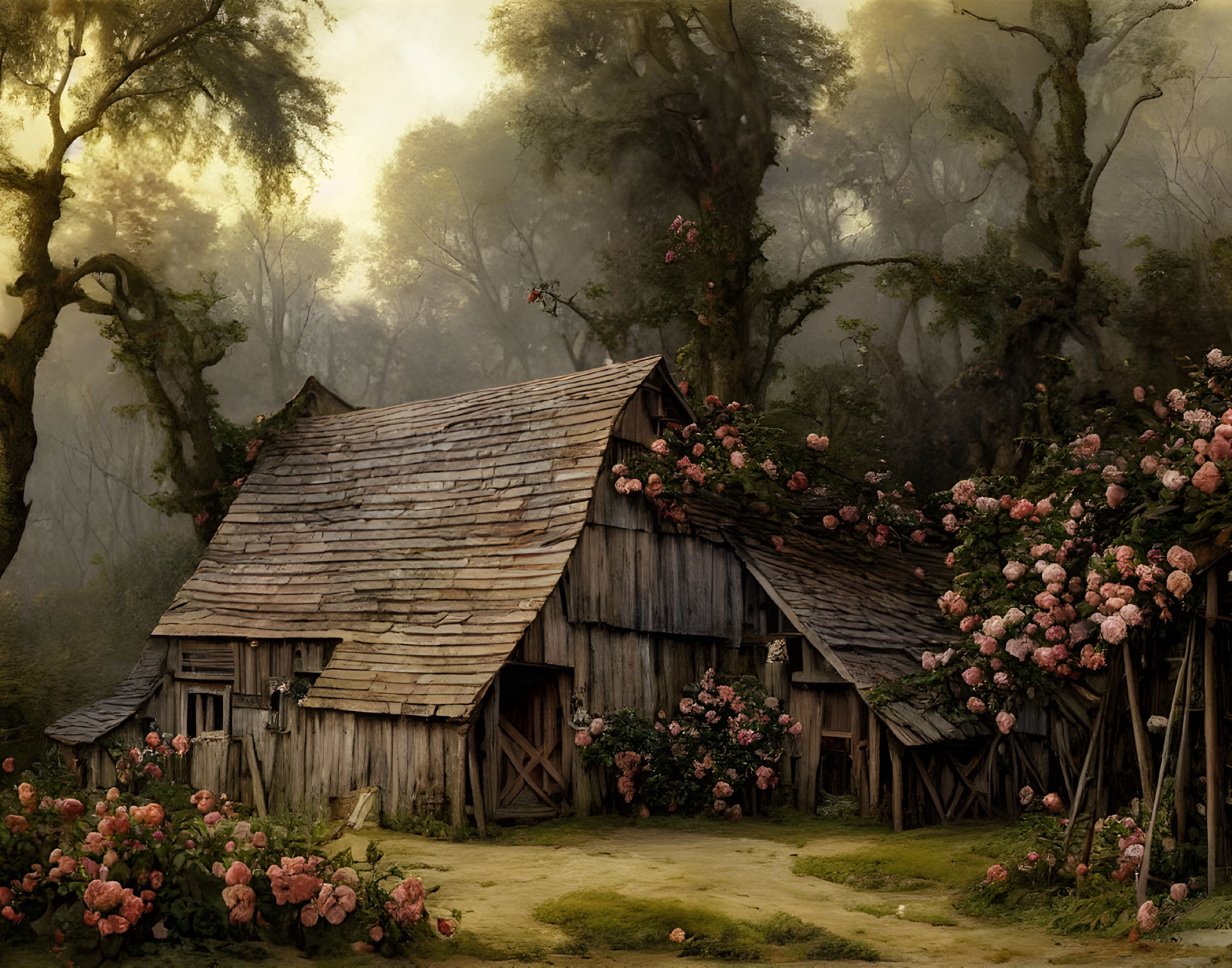 Rustic wooden cottage in misty enchanted forest