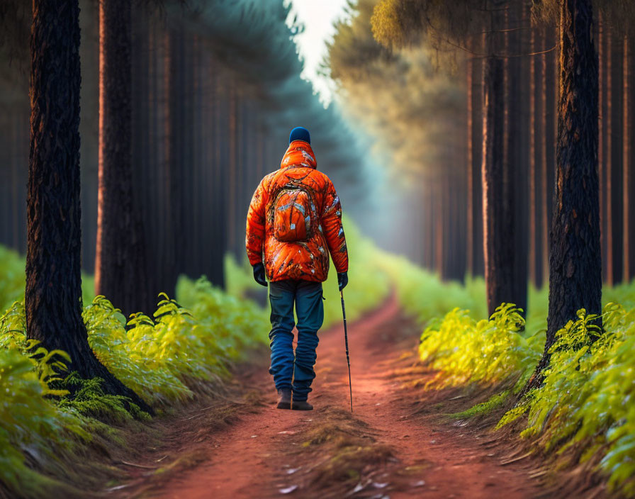 Hiker with Orange Backpack Walking on Tree-Lined Path